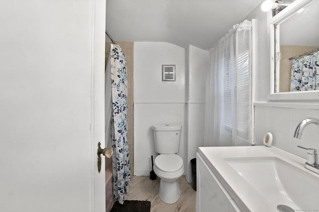 full bathroom featuring lofted ceiling, toilet, vanity, and curtained shower