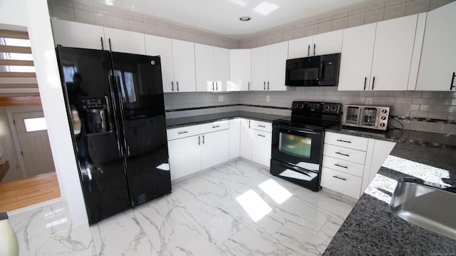 955 Dunbar Hill Rd, Hamden, CT 06514 - kitchen featuring black appliances, a sink, light marble finish flooring, decorative backsplash, and dark stone counters