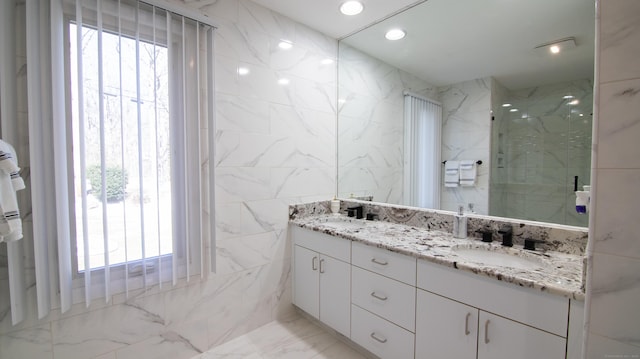 955 Dunbar Hill Rd, Hamden, CT 06514 - bathroom with tile walls, a marble finish shower, double vanity, recessed lighting, and marble finish flooring