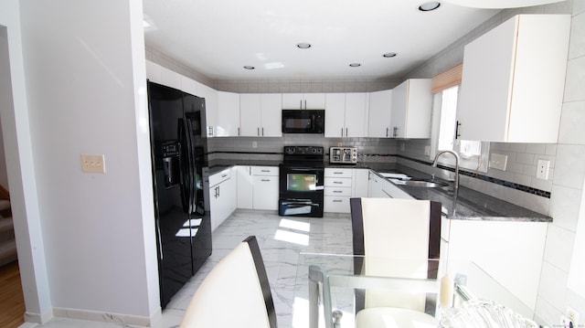 955 Dunbar Hill Rd, Hamden, CT 06514 - kitchen with black appliances, backsplash, a sink, white cabinetry, and dark stone counters