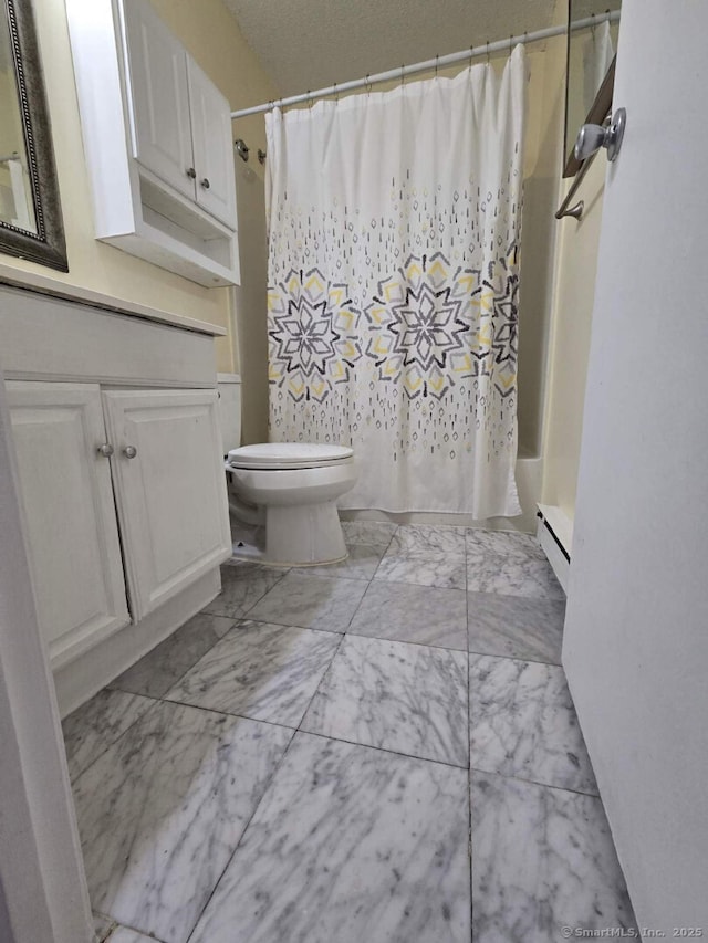 bathroom with vanity, curtained shower, toilet, marble finish floor, and a baseboard radiator