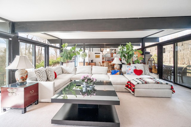 living area featuring carpet flooring, beam ceiling, and expansive windows