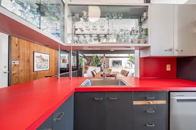 kitchen with a sink and wood walls