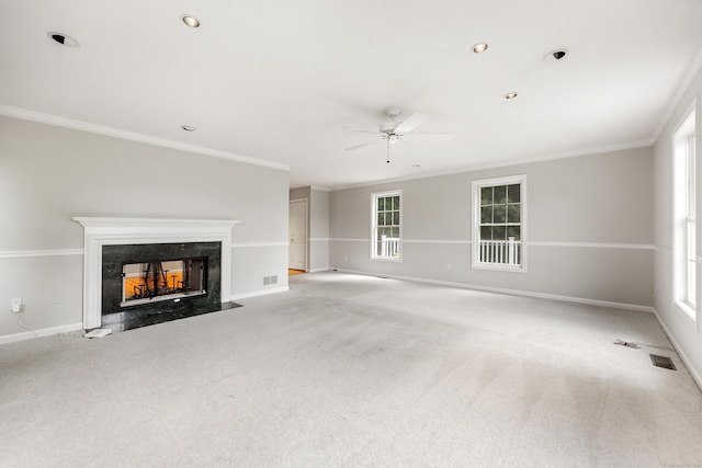 40 Nathan Hale Ct, Cheshire, CT 06410 - unfurnished living room with ornamental molding, a high end fireplace, a ceiling fan, light carpet, and baseboards