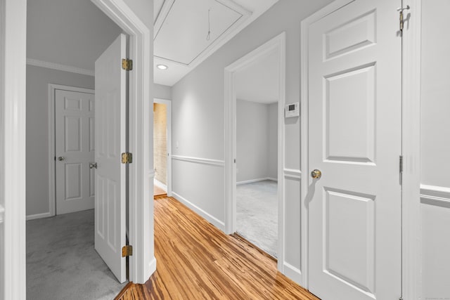 40 Nathan Hale Ct, Cheshire, CT 06410 - hall with attic access, baseboards, recessed lighting, light colored carpet, and light wood-type flooring