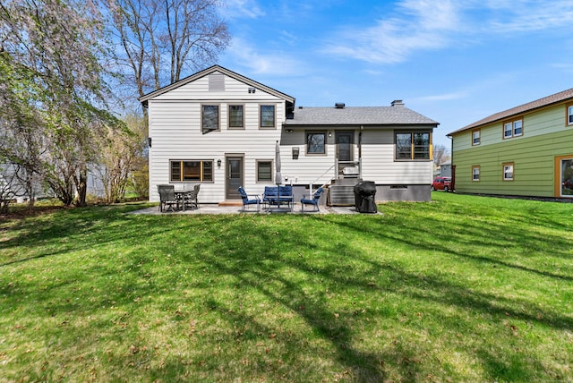 93 Lyman Rd, West Hartford, CT 06117 - back of house featuring cooling unit, a lawn, a shingled roof, and a patio area