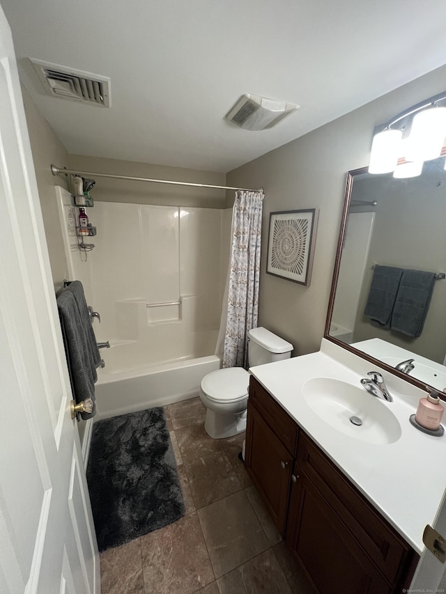 bathroom featuring shower / bathtub combination with curtain, visible vents, toilet, and vanity