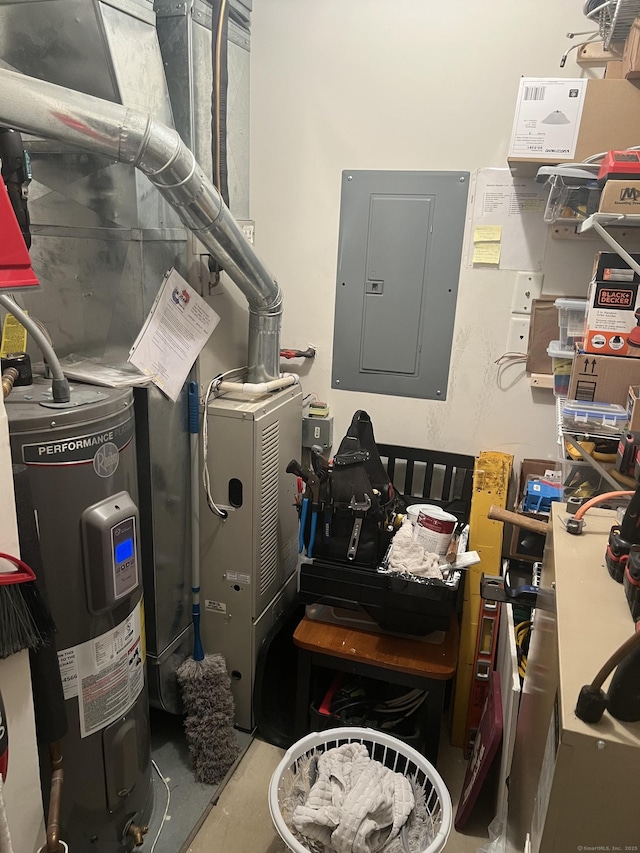 washroom featuring water heater and electric panel