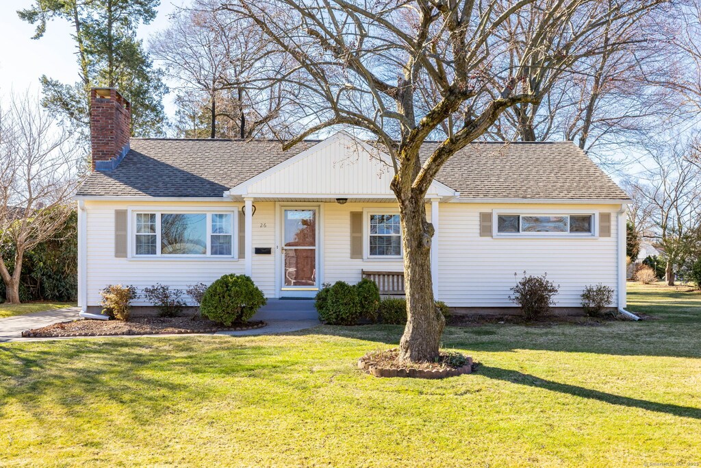 26 Merriman Rd, Wethersfield, CT 06109 - single story home featuring a chimney, a front yard, and roof with shingles