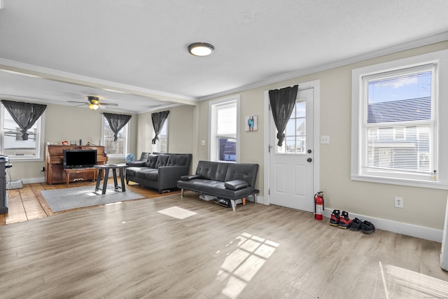 living area with ornamental molding, a healthy amount of sunlight, and wood finished floors