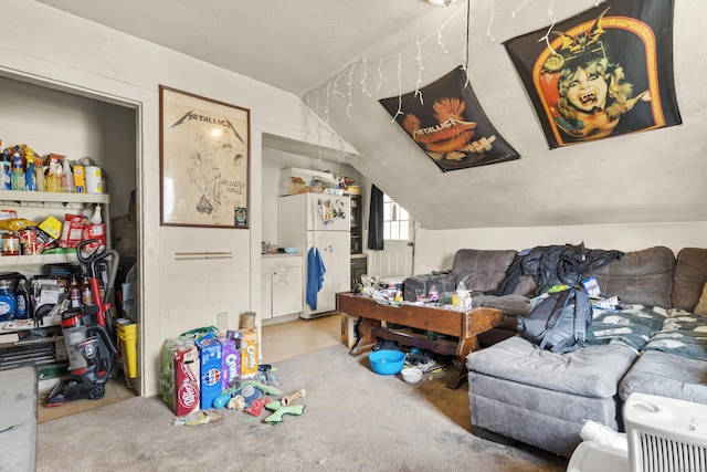 living room featuring lofted ceiling