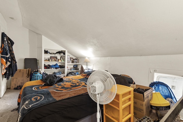 bedroom featuring carpet floors and vaulted ceiling