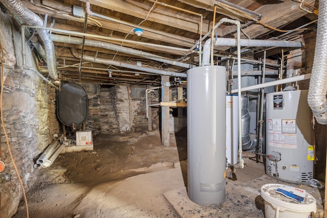 unfinished basement featuring water heater and heating fuel