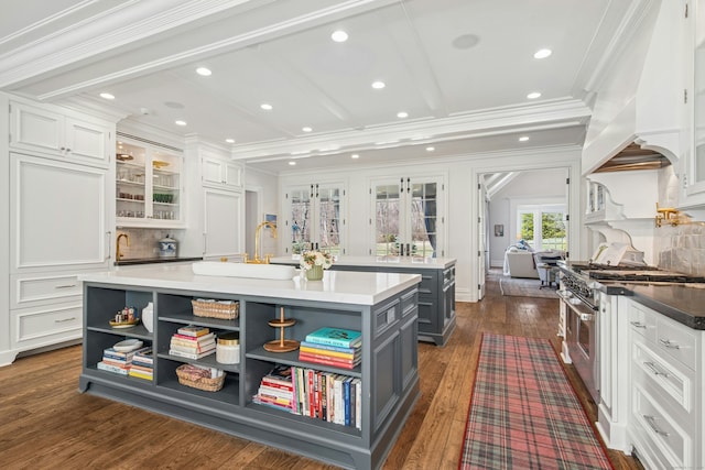 358 Lukes Wood Rd, New Canaan, CT 06840 - kitchen featuring high end stainless steel range oven, gray cabinetry, white cabinets, open shelves, and dark wood-style flooring