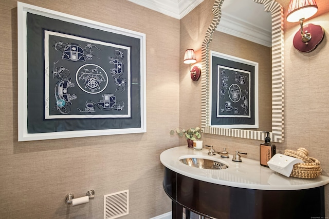 358 Lukes Wood Rd, New Canaan, CT 06840 - bathroom featuring crown molding and vanity