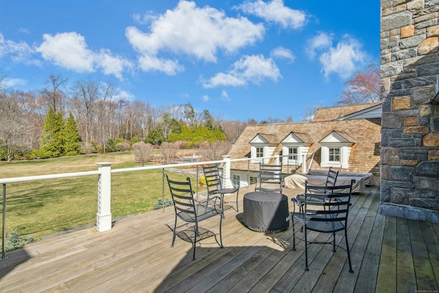 358 Lukes Wood Rd, New Canaan, CT 06840 - wooden terrace featuring a yard