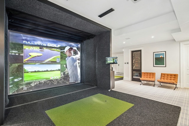358 Lukes Wood Rd, New Canaan, CT 06840 - game room with golf simulator, carpet flooring, and recessed lighting
