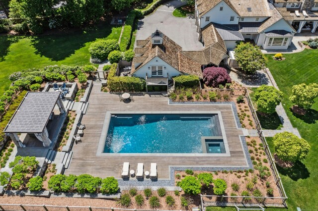 358 Lukes Wood Rd, New Canaan, CT 06840 - view from above of property featuring a pool
