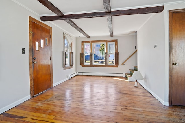 entrance foyer featuring crown molding, beam ceiling, stairway, hardwood / wood-style flooring, and baseboards