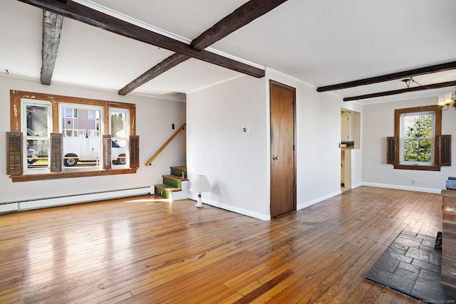 unfurnished living room featuring stairs, baseboards, hardwood / wood-style flooring, beamed ceiling, and a baseboard radiator