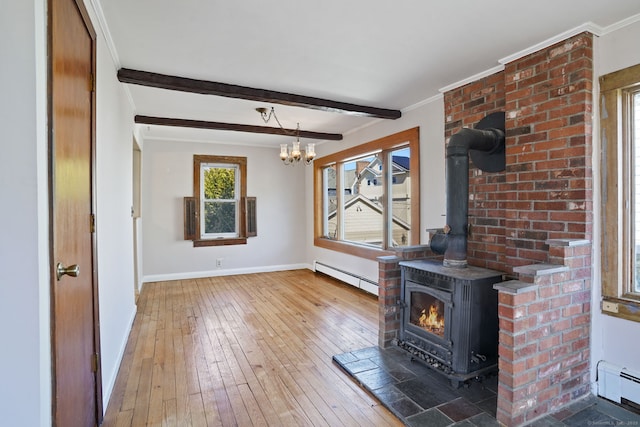 interior space with hardwood / wood-style floors, a wood stove, baseboard heating, and beam ceiling