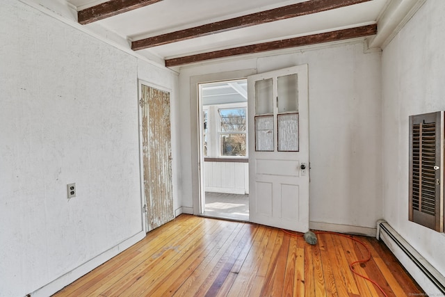 unfurnished room with light wood finished floors, beamed ceiling, baseboard heating, and baseboards