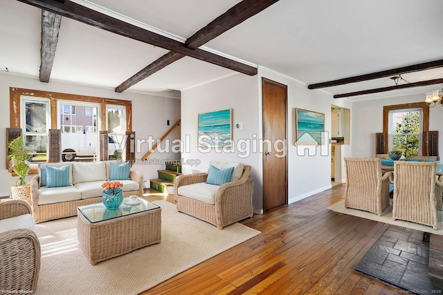 living area with wood-type flooring, beam ceiling, baseboards, and a wealth of natural light