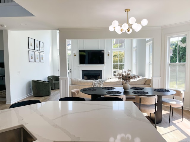 dining area with light wood-type flooring, ornamental molding, plenty of natural light, and a fireplace