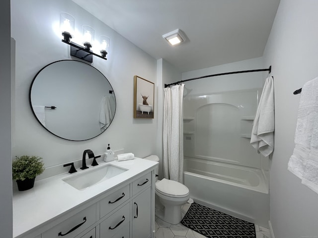 full bath with vanity, shower / bath combo, and toilet