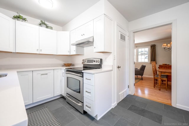 kitchen with white cabinets, under cabinet range hood, light countertops, electric stove, and visible vents