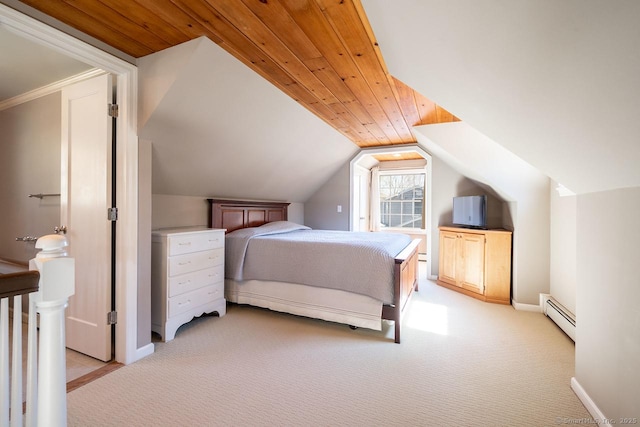 bedroom featuring a baseboard radiator, lofted ceiling, baseboards, and light colored carpet