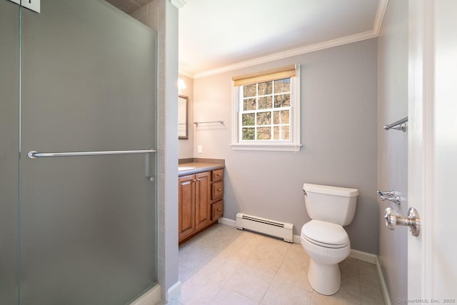 bathroom with a baseboard heating unit, baseboards, ornamental molding, and a stall shower