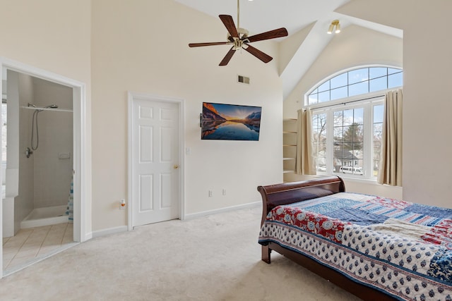 18 Catalpa St, Norwalk, CT 06851 - bedroom with visible vents, baseboards, ensuite bathroom, high vaulted ceiling, and carpet flooring