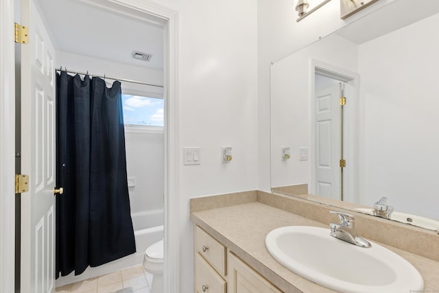 18 Catalpa St, Norwalk, CT 06851 - full bathroom featuring visible vents, shower / tub combo, toilet, vanity, and tile patterned floors