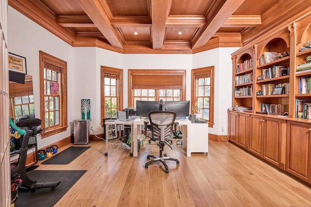 355 Greens Farms Rd, Westport, CT 06880 - office featuring wood ceiling, crown molding, beam ceiling, baseboards, and coffered ceiling