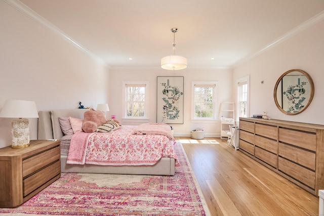 355 Greens Farms Rd, Westport, CT 06880 - bedroom with light wood-style floors, baseboards, crown molding, and recessed lighting