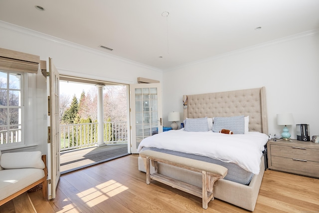 355 Greens Farms Rd, Westport, CT 06880 - bedroom featuring visible vents, ornamental molding, light wood finished floors, and access to outside