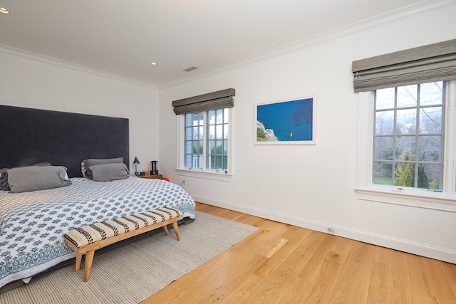 355 Greens Farms Rd, Westport, CT 06880 - bedroom with visible vents, ornamental molding, baseboards, recessed lighting, and light wood finished floors