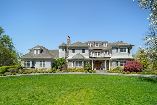 355 Greens Farms Rd, Westport, CT 06880 - view of front of house with a chimney, stone siding, and a front lawn