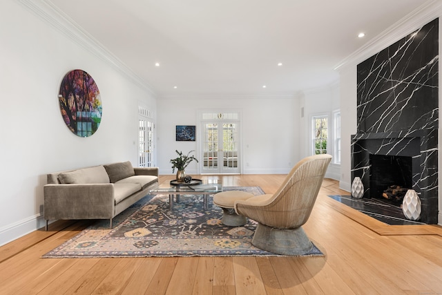 355 Greens Farms Rd, Westport, CT 06880 - living area with recessed lighting, crown molding, a fireplace, and hardwood / wood-style flooring