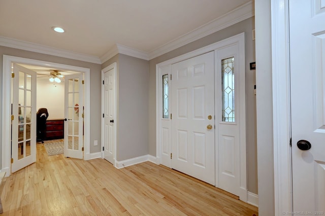 110 Far Mill Dr, Stratford, CT 06614 - foyer featuring baseboards, ornamental molding, recessed lighting, french doors, and light wood-style flooring