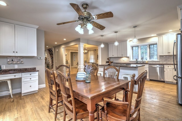 110 Far Mill Dr, Stratford, CT 06614 - dining space with light wood-type flooring, ceiling fan, baseboards, and recessed lighting