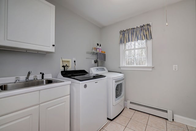 110 Far Mill Dr, Stratford, CT 06614 - washroom with light tile patterned floors, washing machine and clothes dryer, cabinet space, a baseboard radiator, and a sink