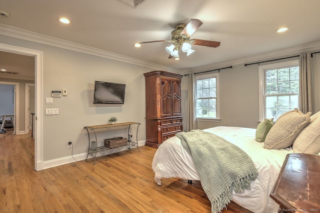 110 Far Mill Dr, Stratford, CT 06614 - bedroom with baseboards, light wood-type flooring, ornamental molding, recessed lighting, and a ceiling fan