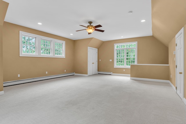 6 Ely Ln, Killingworth, CT 06419 - bonus room featuring a baseboard radiator, light carpet, a ceiling fan, vaulted ceiling, and recessed lighting