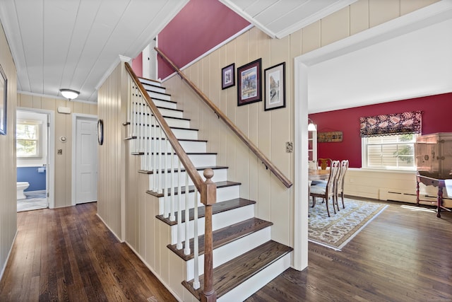 15 Maple Ln, Brookfield, CT 06804 - stairway with baseboard heating, ornamental molding, and wood-type flooring
