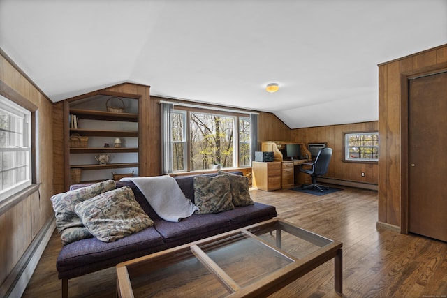 15 Maple Ln, Brookfield, CT 06804 - living area featuring baseboard heating, wood walls, and vaulted ceiling