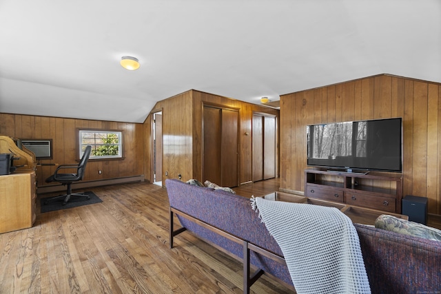 15 Maple Ln, Brookfield, CT 06804 - living area with wood walls, wood finished floors, and lofted ceiling