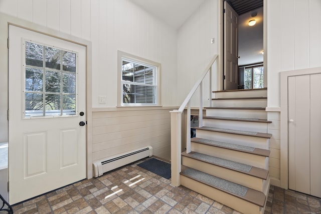 15 Maple Ln, Brookfield, CT 06804 - doorway with brick floor, stairway, plenty of natural light, and a baseboard heating unit
