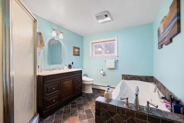 bathroom with visible vents, vanity, a baseboard radiator, a whirlpool tub, and toilet